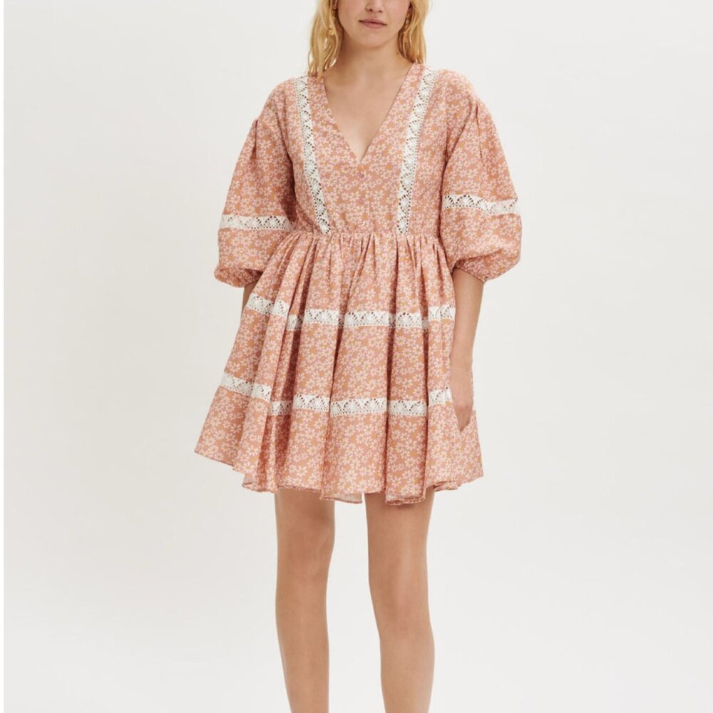 Maje Printed Lace Braid Mini Dress in Pink Daisy